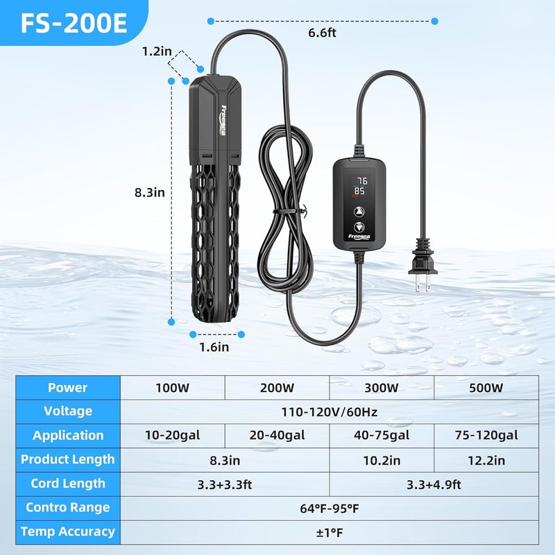 FREESEA Aquarium Heater for Fish Tank: 100W/200W/300W/500W Submersible Fish Tank Heater with Over-Temperature and Off-Water Protection for 20-40 Gallon Saltwater and Freshwater - Image 5